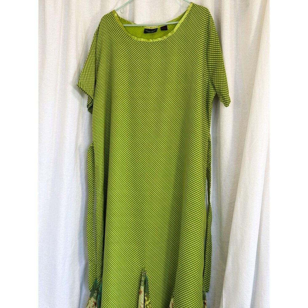 BOHO Green Print Maxi Dress short sleeves, tie waist & accent fabric at hem, XXL